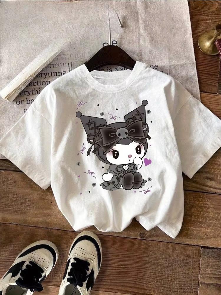 

2026 Summer Kuromi Cartoon Graphic Tee Casual Short Sleeve Cotton Tops for Adults Kids Lovely Kawaii Streetwear Style S