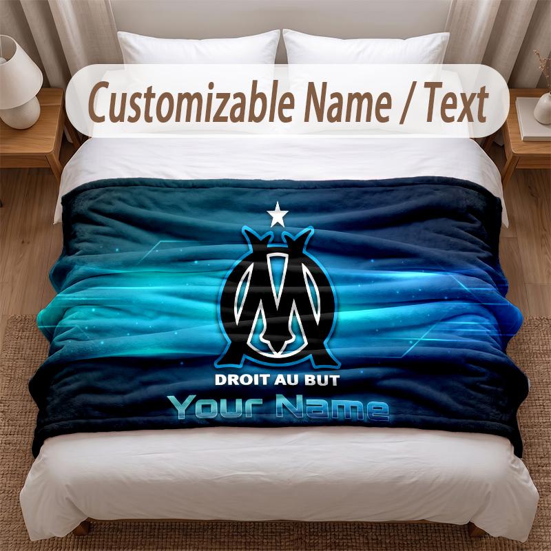 Olympique Marseille FC Printed Flannel Blanket Custom Name Text Soft Warm Throw For Bedroom Holiday Gift