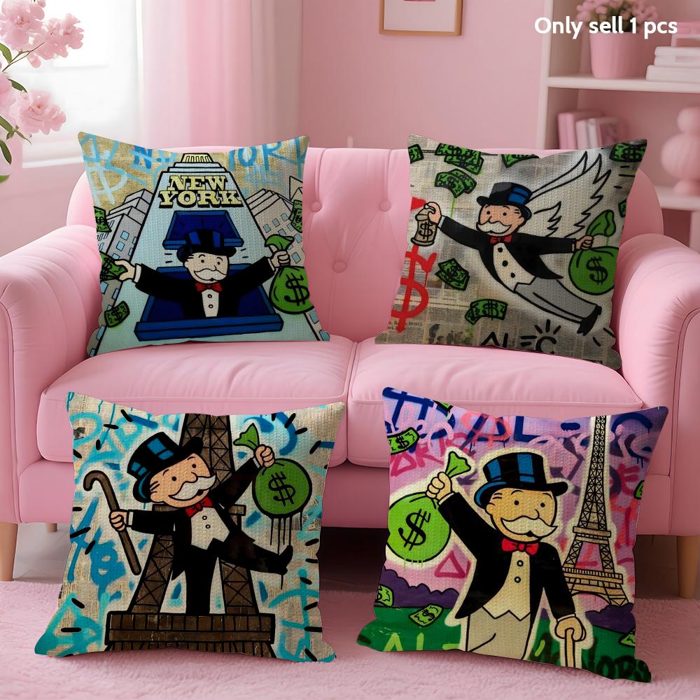 Cartoon M-Monopoly Cushion Cover Summer Coolness Linen Fabric Double-Sided Printing Pillow Case Sofa Home Decor Gift