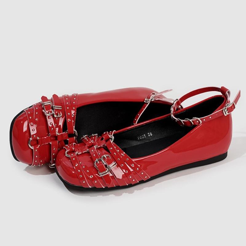 Fashion Fashion Metal Rivets Buckle Mary Jane Flats Women Punk Style Brand Designer Shoe High Quality Patent Leather Ankle Lace Up Flats