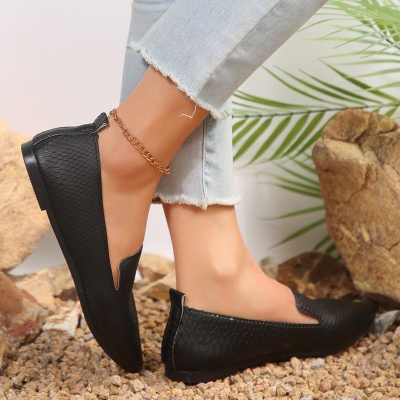 Women's Shoes Leather Loafers Ballet Flats Pointed Toe Barefoot Slip-on Casual Low Heel Stone Pattern Woman Flat Shoe