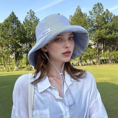 Koreanische Version von frischem gestreiftem Fischerhut Frühling und Sommer dünn Damen Outdoor Sonnenschutz zum Schnüren große Krempe faltbare Sonnenkappe