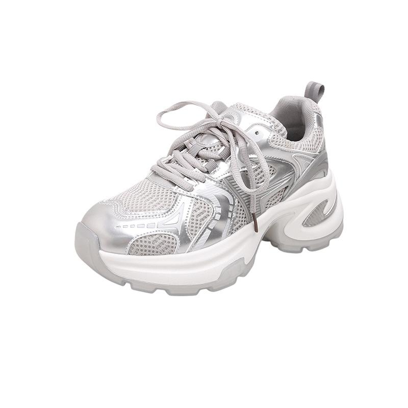 2025 dad shoes women's cloth lace-up silver-white heightened platform casual light training summer breathable sports shoes