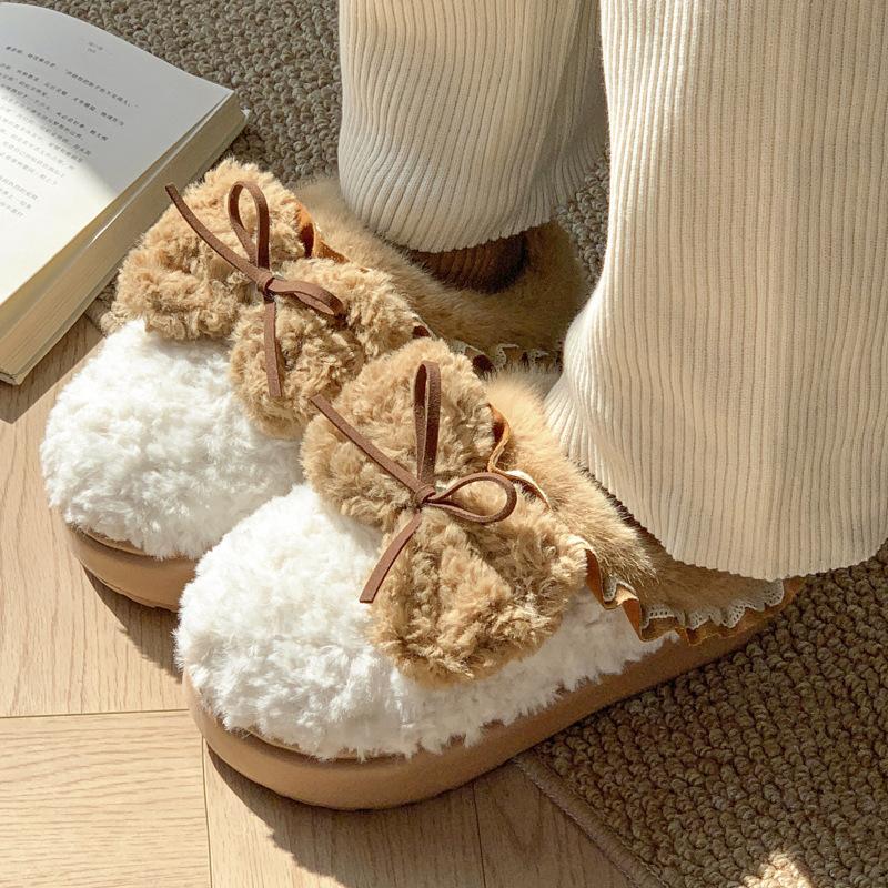 New bow cotton slippers winter velvet warm fluffy slippers indoor thick bottom heightening non-slip can be worn outside