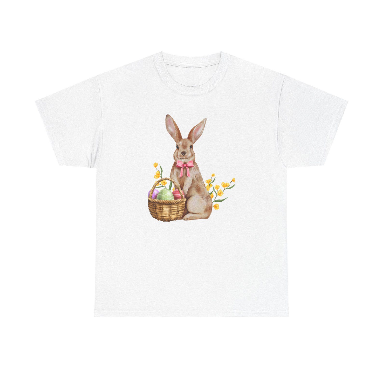 Watercolor Easter Bunny with Basket Tee | Spring Pastel Eggs Shirt 4XL