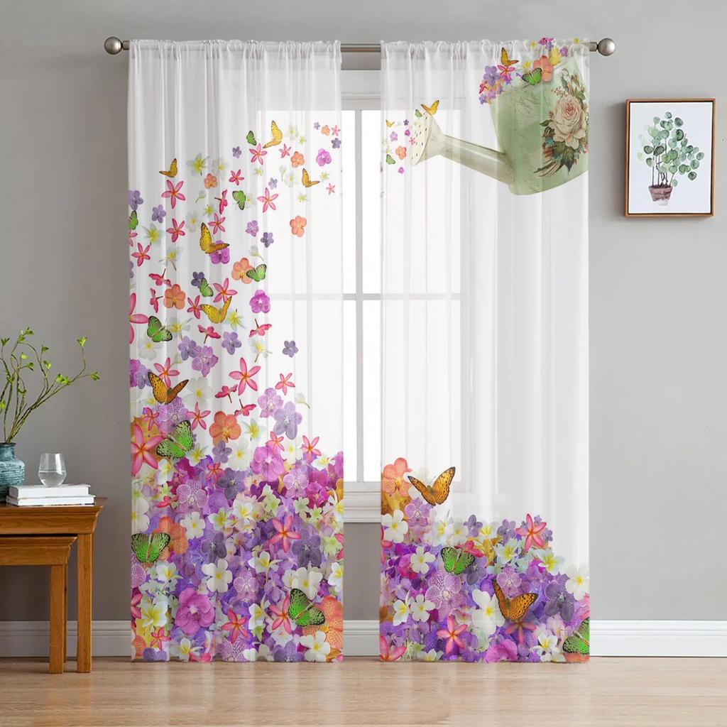 Red Flowers Planks Leaves Plant Tulle Sheer Curtains for Living Room Decoration Window Curtain for Bedroom Voile Organza Drapes