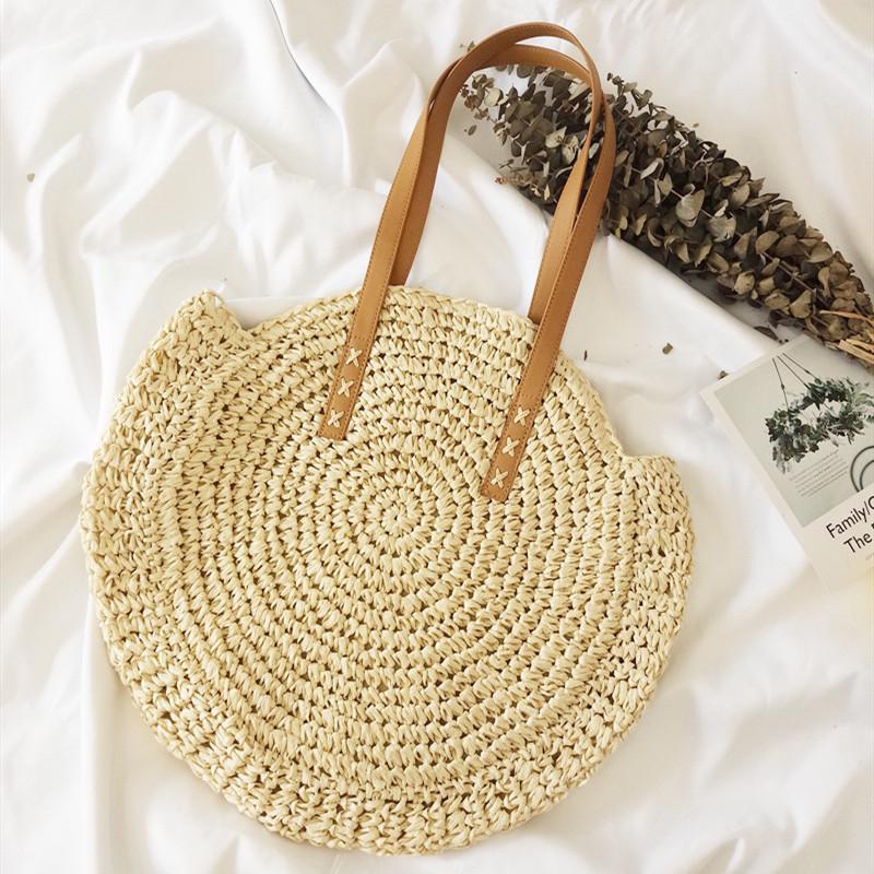 WIEJDHJ Handmade Round Straw Bucket Bag Beach Vacation Handbags Hand-Woven Pure Woven Bag For Women Shopping Totes WIEJDHJ Handmade Round Straw Bucket Bag Beach Vacation Handbags Hand-Woven Pure Woven Bag For Women Shopping Totes
