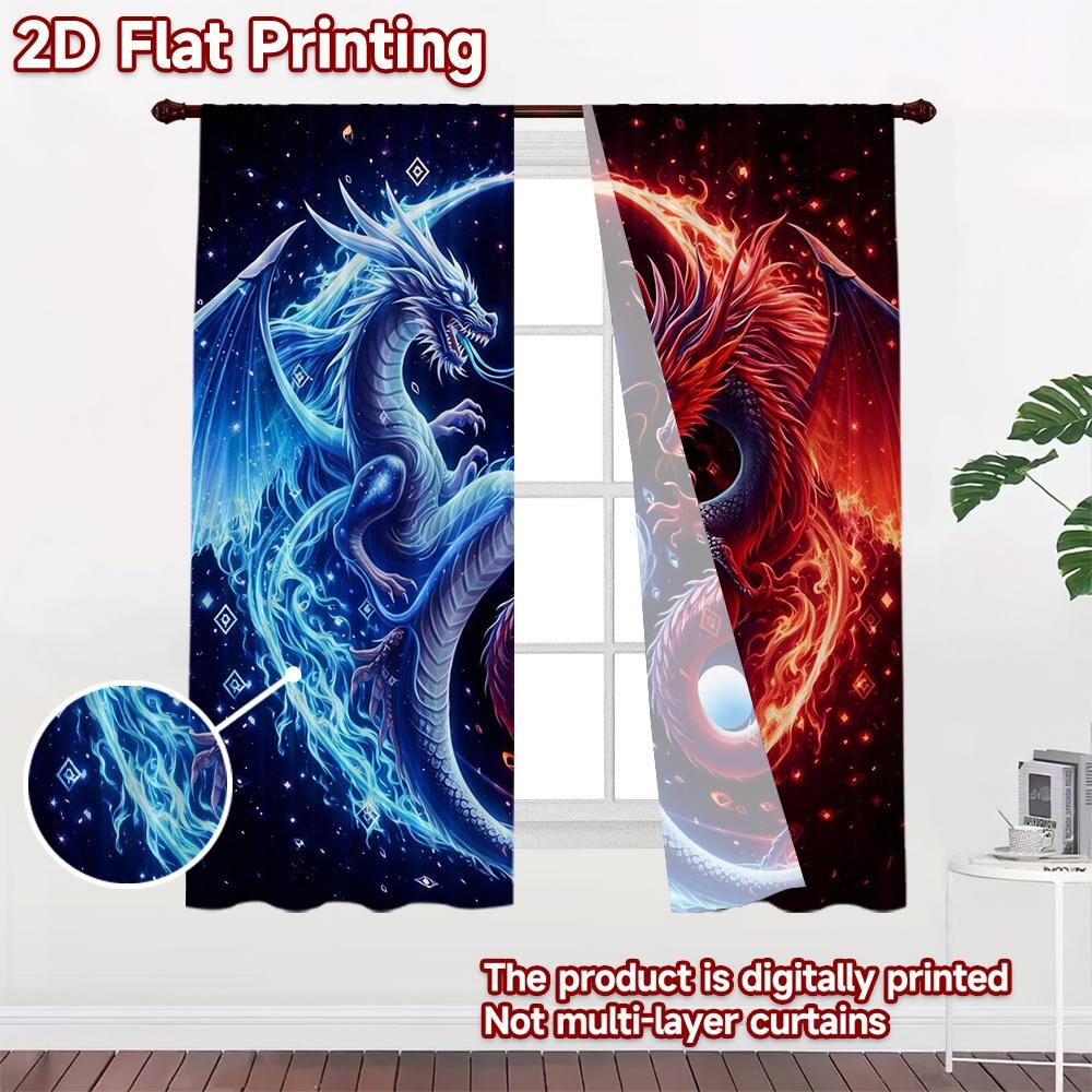 2D FLAT PRINTING 2pcs Curtains (Without Rod) Dual Dragon Clash Creative Modern Curtains Machine Washable Fabric Curtains Weet
