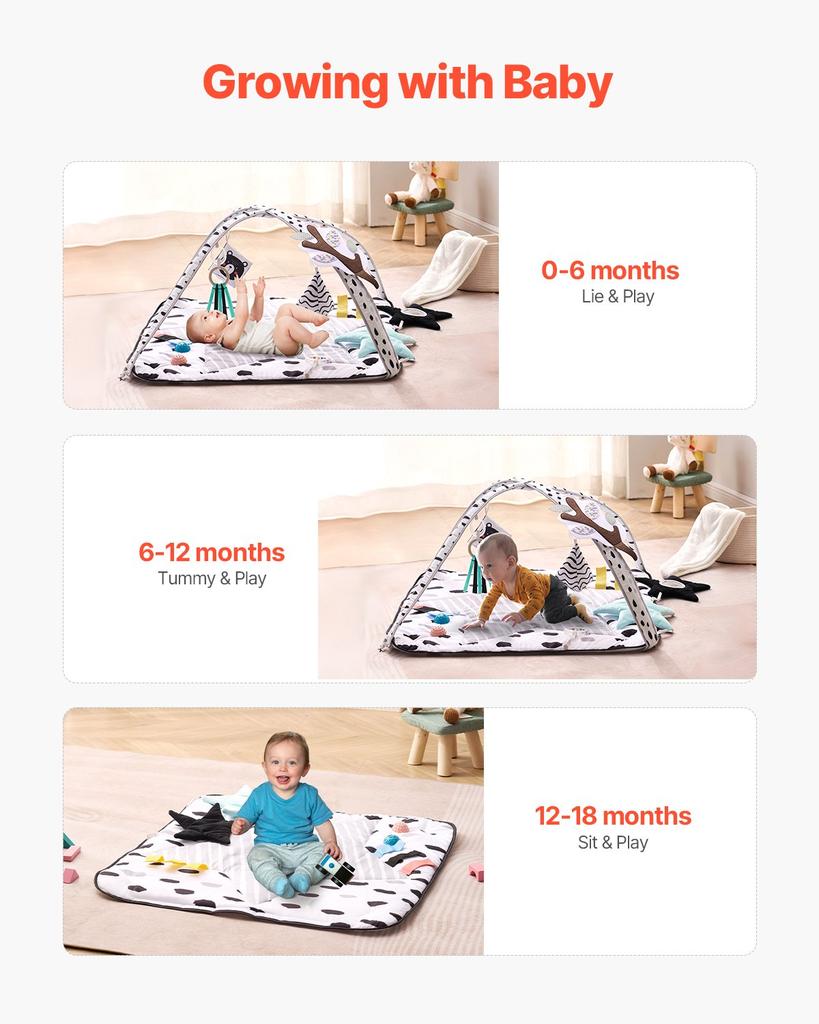 VEVOR Baby Play Gym Mat, Tummy Time Mat with 6 Sensory Toys