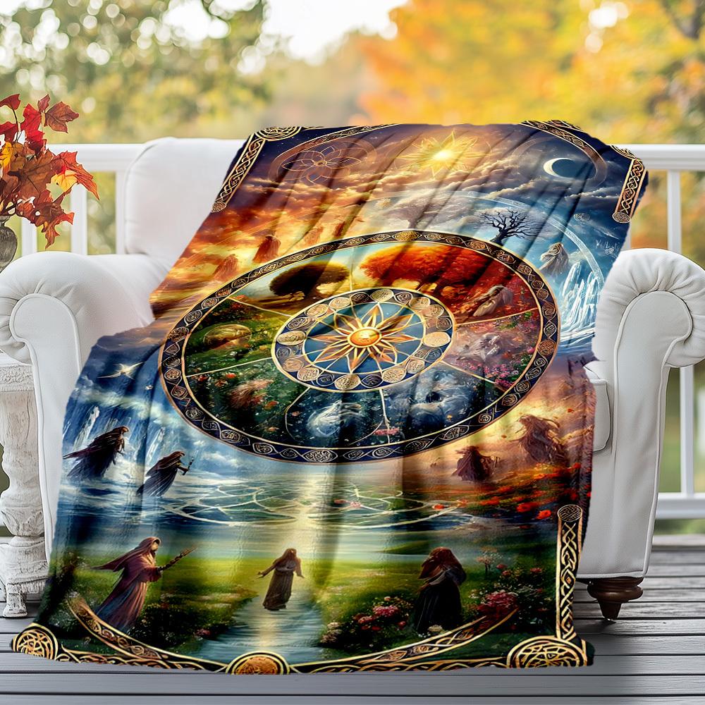 1PC Wheel of the YearOutdoor Flannel Blanket - Soft Plush Decor for Picnics, Camping, Bedroom, Playroom, Office, or Lunch Break 1331A