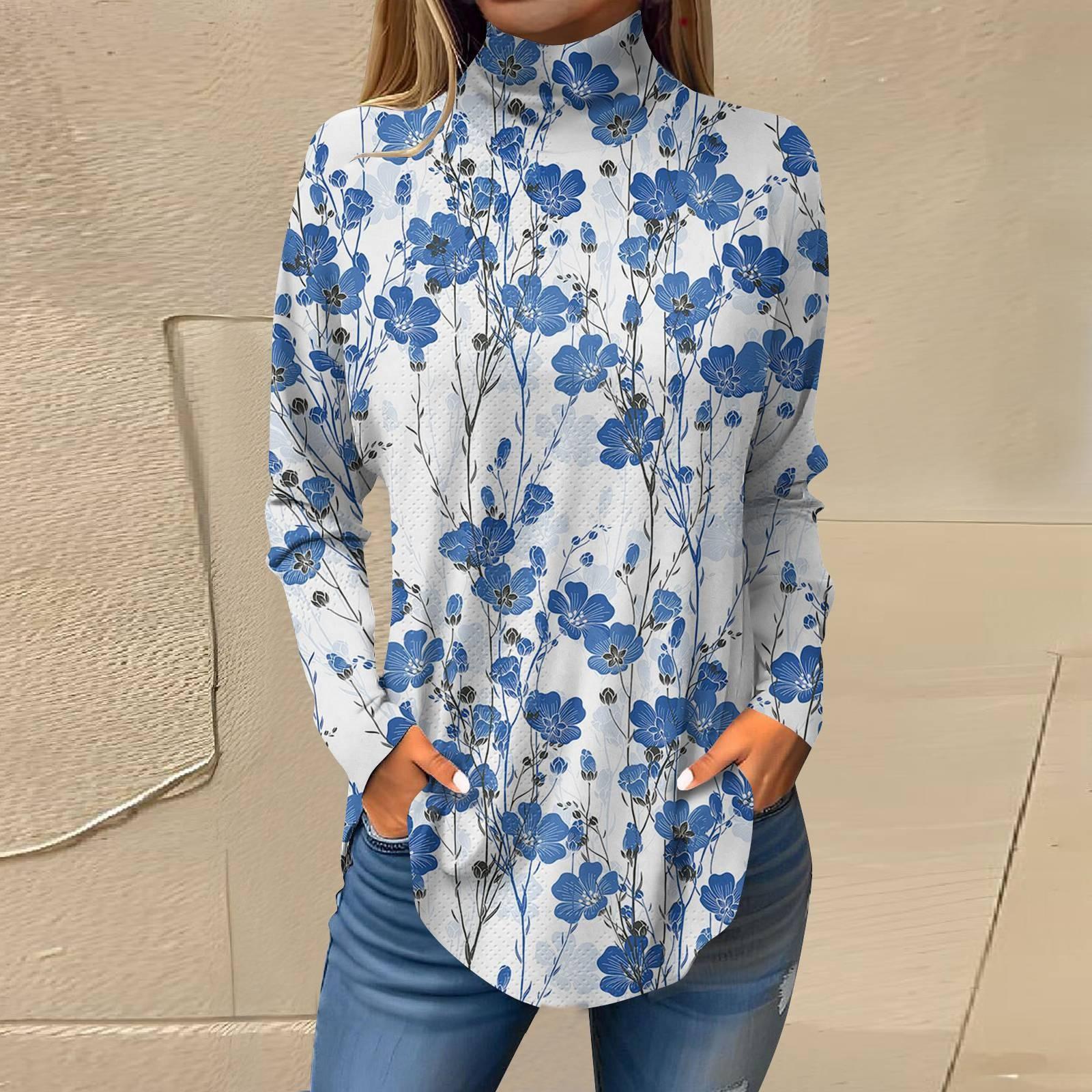 

Женская свободная футболка с высоким воротом и длинными рукавами с цветочным принтом в стиле ретро, топ-пуловер L синий