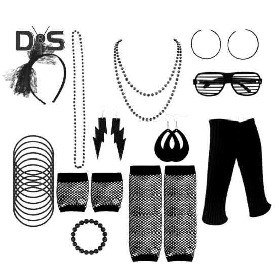 80s Neon Costume Accessories Set Knitted Leg Warmers Headband Gloves Earrings Bracelet Beaded Necklace Set Fancy Party Accessories