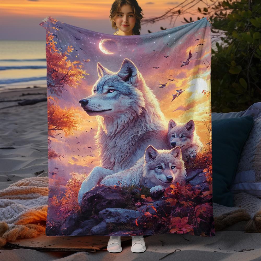 Custom Wolf Family Blanket Sunset Moon Forest Design Personalized Name Fleece Throw All Season Soft Warm Bedding Home Decor Gift