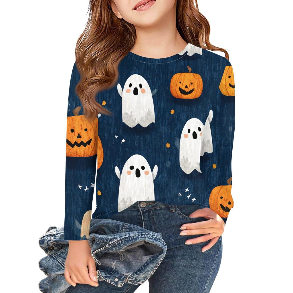 Girls Long Sleeve T Shirts Kids Fall Tops Crewneck Halloween Printed Basic Tees 3-9Y