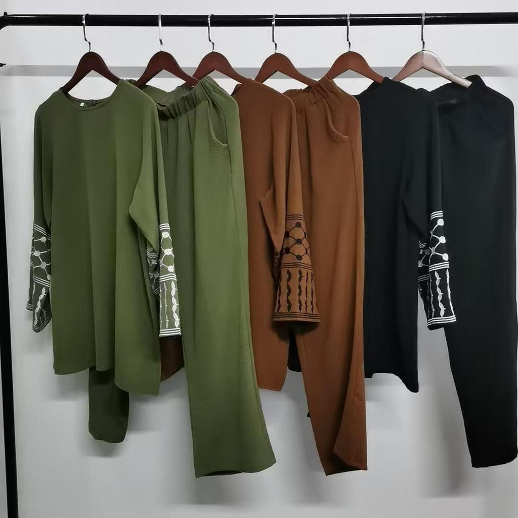 Yiduoduo Bluzka z haftem bliskowschodnim i garnitur szerokich spodni 24836