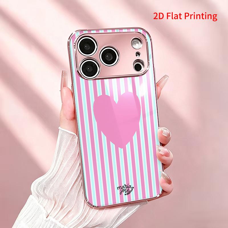 2DFlat electroplated tempered glass phone case,Pink Heart on Pastel Stripes,suitable for iPhone 18 Pro Max 17 16 15 14 13 12 11