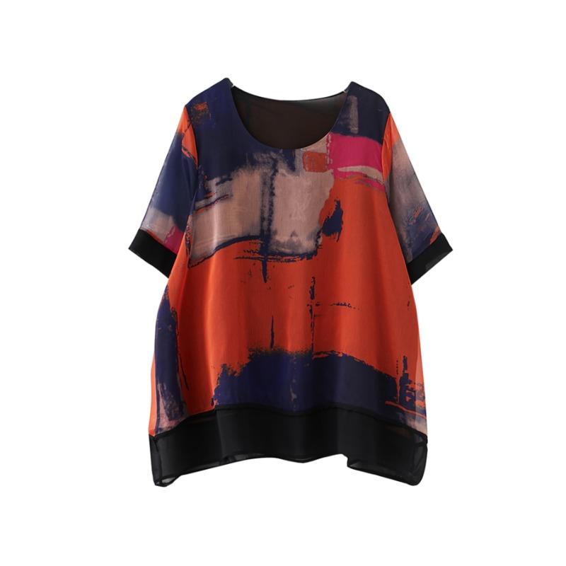 DIMANAF 2025 Summer Short Plus Size T-Shirt Women Short Sleeve Loose Chiffon Printing Shirts