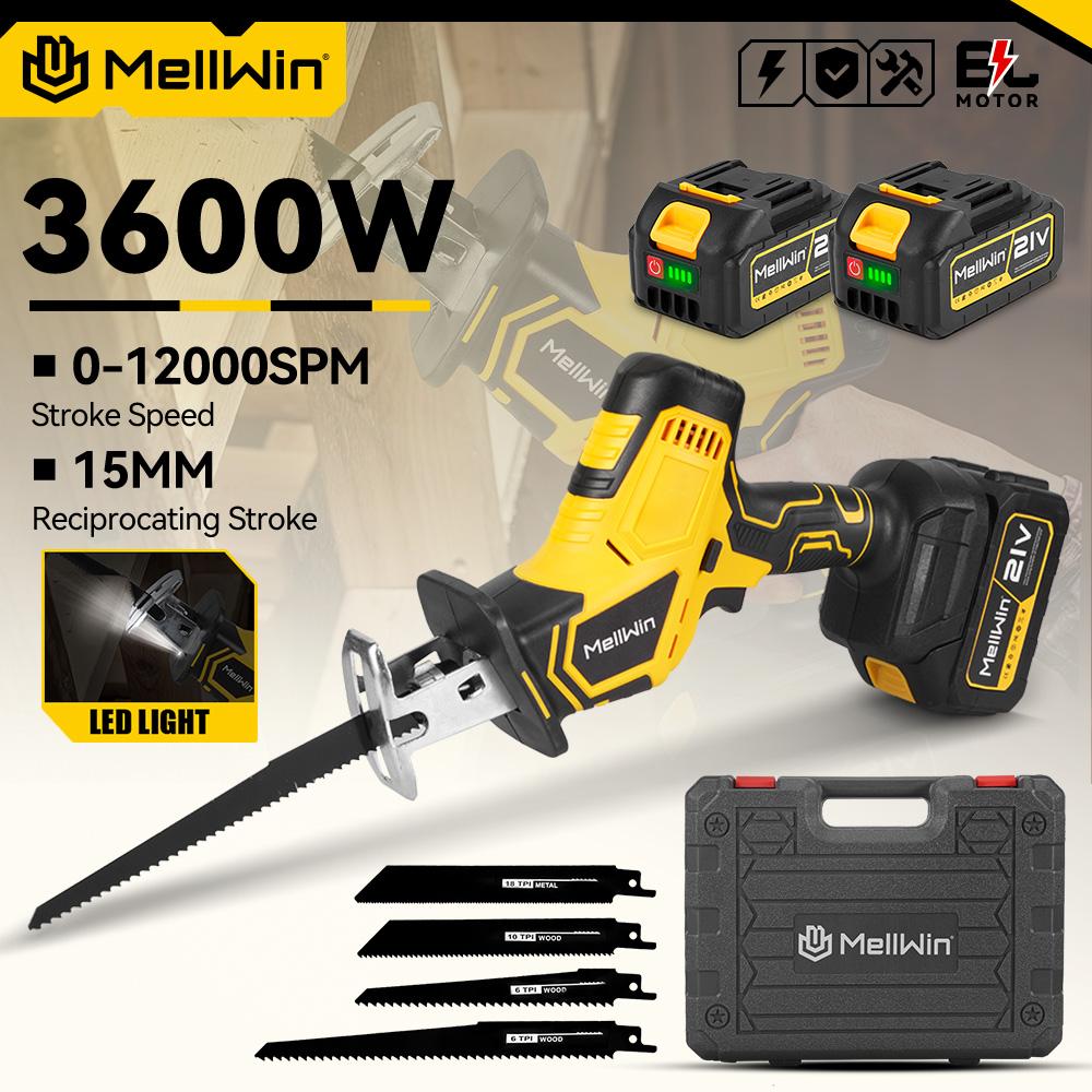 MELLWIN Brushless Electric Reciprocating Saw With 4Saw Blades Metal Wood Cordless Electric CutSaw Tool For Makita 18VBattery Pin
