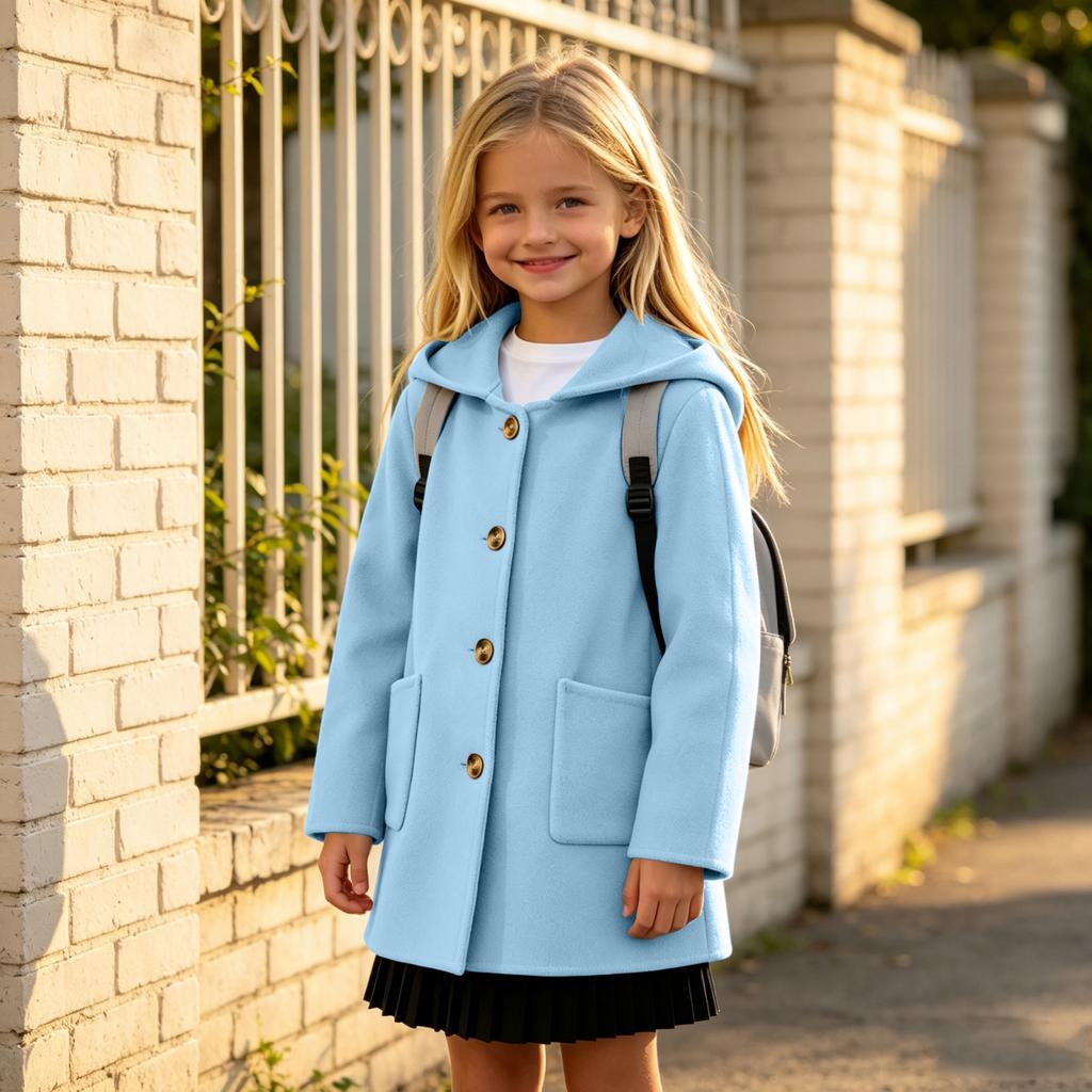 Girls Casual Mid-Length Wool Coat with Lapel and Button Front