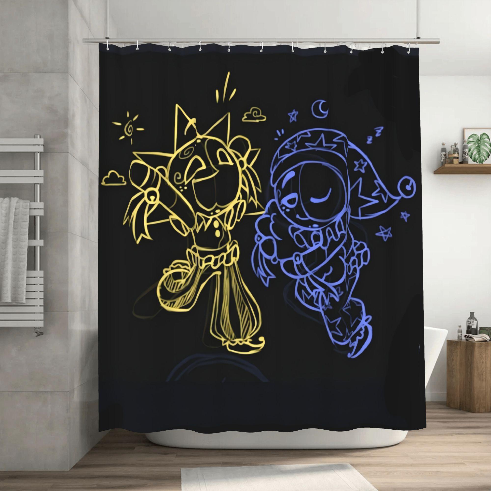 

Sun and Moon Characters Shower Curtain with Hooks, Removable Bathroom Curtain, Birthday Gift, Polyester, Bathtub Partition, Bath 90x180cm