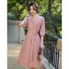 DeMana French Style Linen Blend Tie-Waist Midi Dress