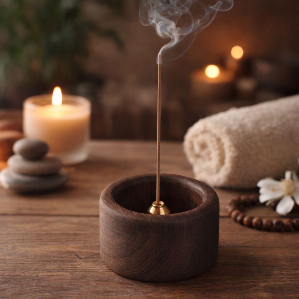 Creative Retro Wooden Incense Holder Handmade Sturdy Incense Stick Burner Round Incense Tray Meditation