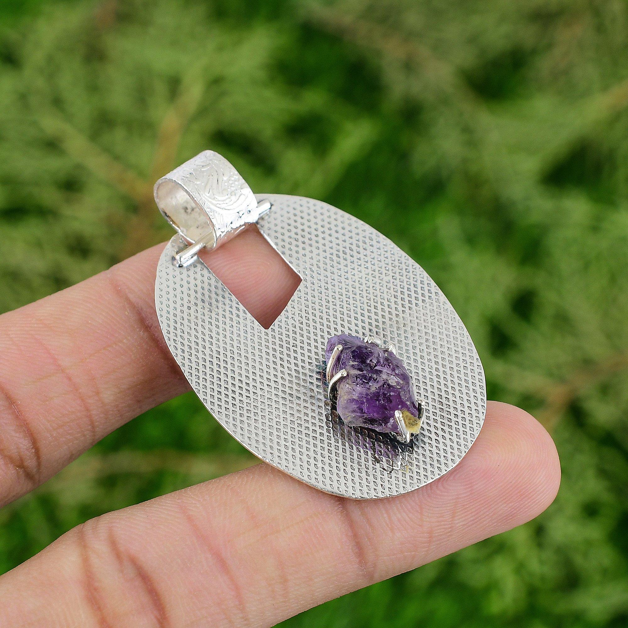 

925 Silver Octagon African Amethyst Rough Stone Bezel Artisan Trendy New Pendant