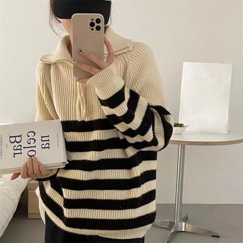 Half High Neck Zipper Stripe Pullover Sweater for Women Top Autumn New Design Feel Loose Knitted Bottom Sweater Pullover Female