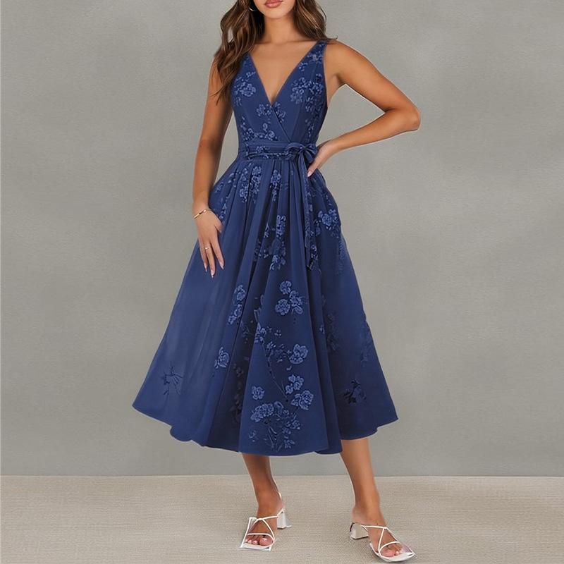 2026 women's spring new, Amazon cross-border Europe and the United States, elegant temperament printed waist lace-up dress