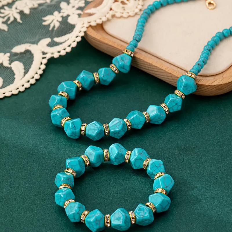 Bohemian Blue Turquoise Rice Bead Bracelet, Elegant Gift Bracelet Necklace Set