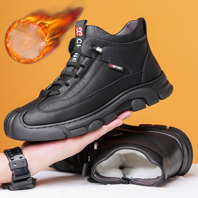 Cotton Shoes for Men In Winter High Top Leather Shoes with Added Velvet and Thick Thickness Business Casual Shoes Outdoor Sports Casual Shoes 39 3339₽