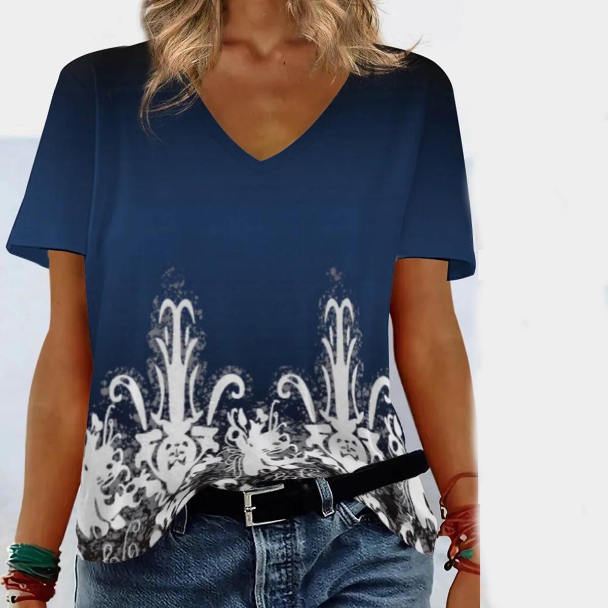 

Летняя футболка с короткими рукавами для женщин, облегающая и утягивающая футболка в стиле ретро с V-образным вырезом и 3D-принтом 5XL