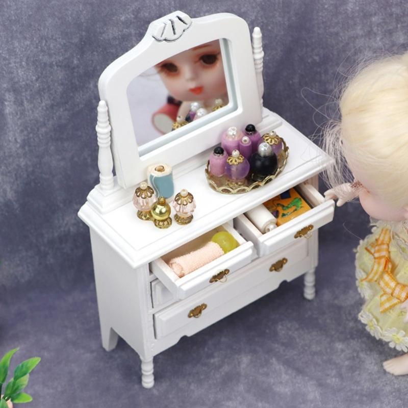 European Style Dollhouses Wardrobe Cabinet Wooden Dresser Toy For 1/12 Scale Miniature Home Decors