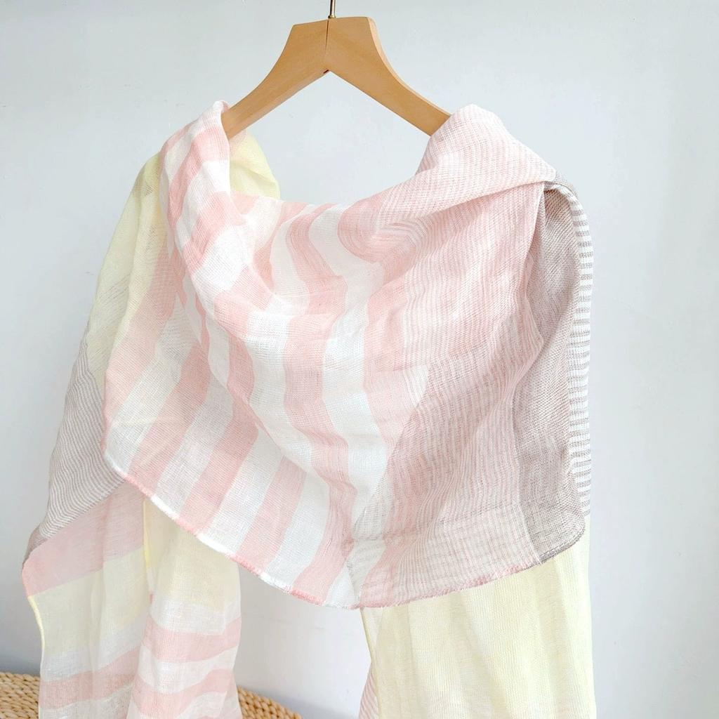 Literary Thin Striped Linen-Cotton Scarf For Women Beach Breathable Sunshade Scarf With Tassel