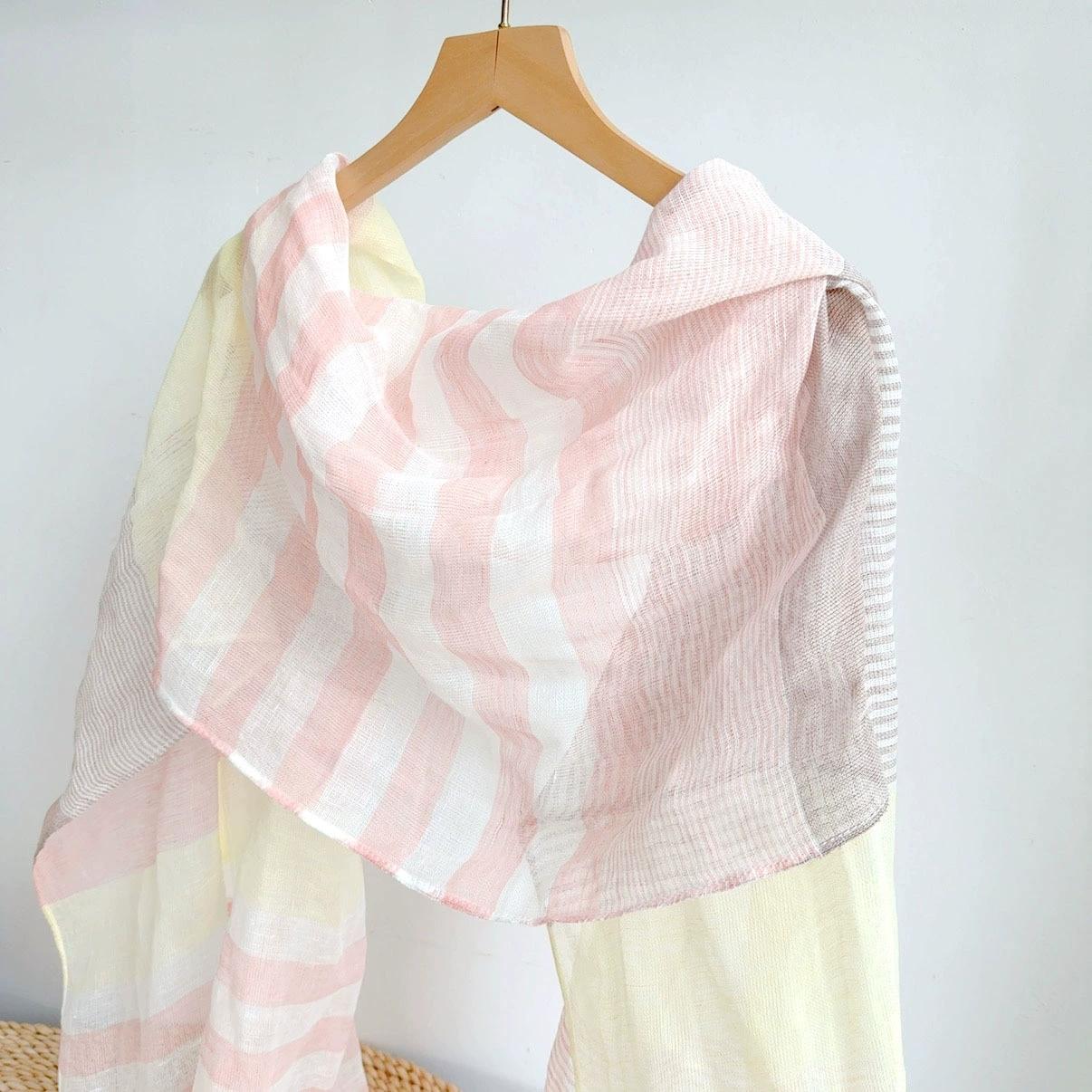 Literary Thin Striped Linen-Cotton Scarf For Women Beach Breathable Sunshade Scarf With Tassel 60X180CM