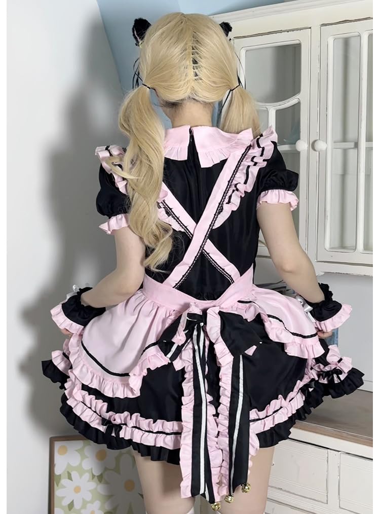 Maid Gothic Kellnerin Cosplay Kostüm mit Rüschen Lolita Ordentlich und Perfekt für Cafés und Vergnügungskurz Schwarz und Pink Ohrgröße [Shangki