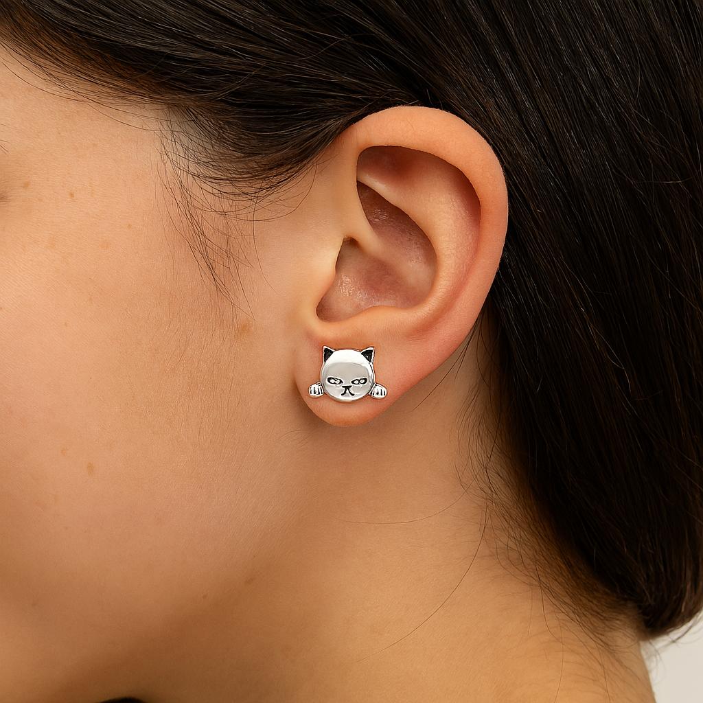 Cat Face Earrings - Sterling Silver