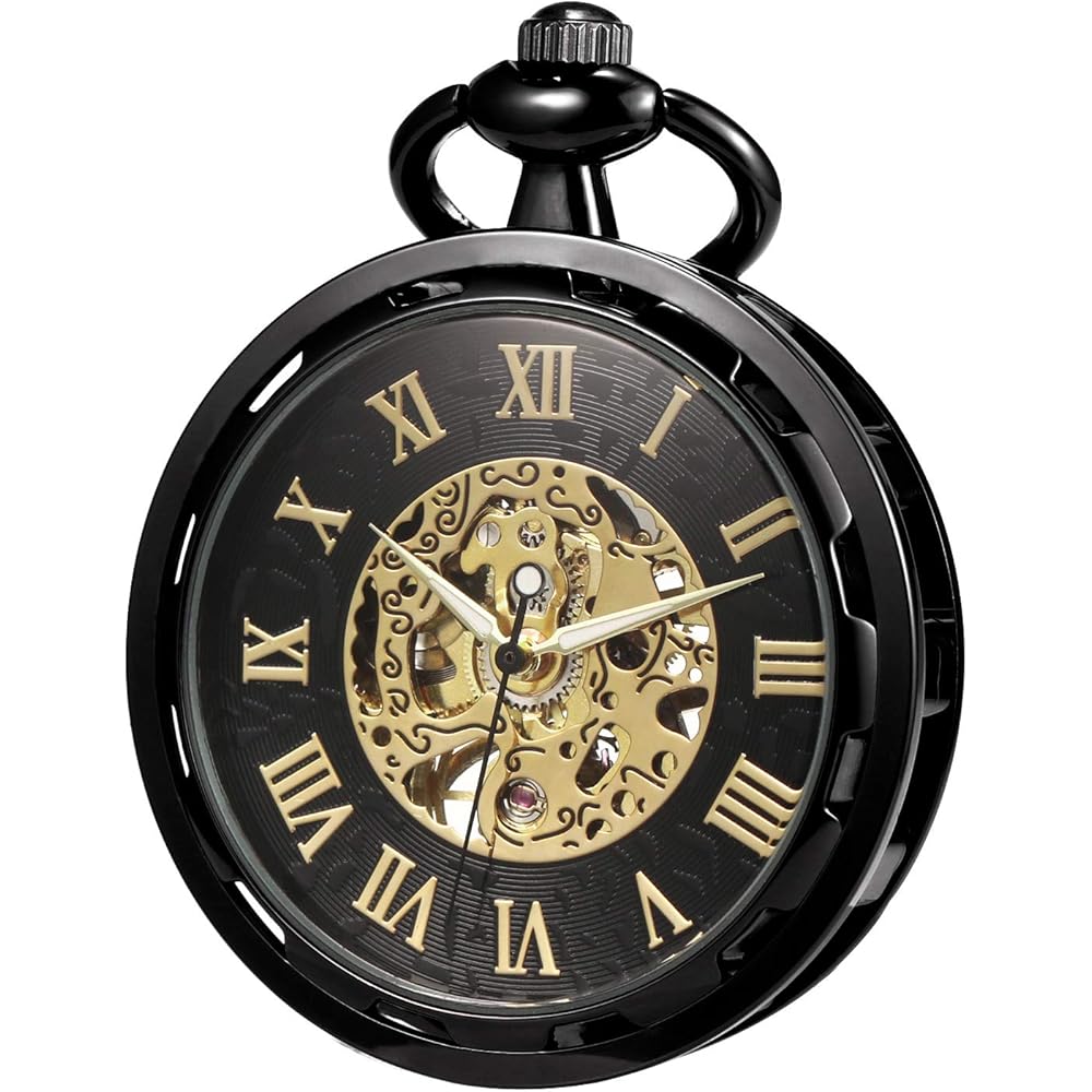 Treeweto Antique Mechanical Skeleton Pocket Watch Hand-Wound Men s with Chain Black