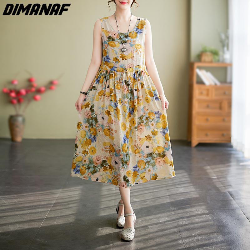 

DIMANAF платье больших размеров женское 2023 новый жилет без рукавов с цветочным принтом летний стиль макси льняное платье оверсайз с круглым вырезом свободные базовые платья желтого цвета XL жёлтый