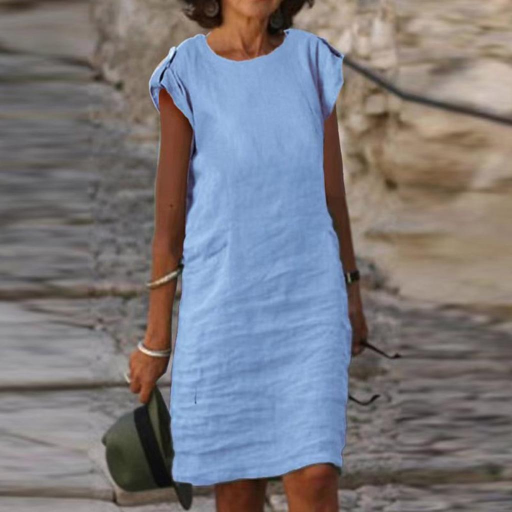 Womens Fashion Color Button Party Dresses Women Elegant O-Neck Short Sleeve Beach Dress Ladies Casual Loose A-Line Dress