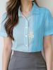 Gentle blue floral printed shirt for women, short-sleeve loose lapel design, niche vacation style top