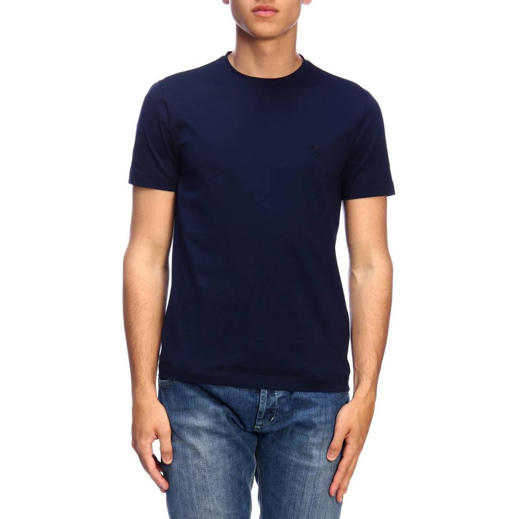 PRADA T-Shirts Men's Navy Blue Crew Neck Moderate UJM564-1UOR-F0124