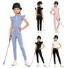 Kids Girls Equestrian Training Set Zip Stand Collar Ruffled Sleeve Contrast Trim Top and Non-slip Full Seat Riding Pants for Competition