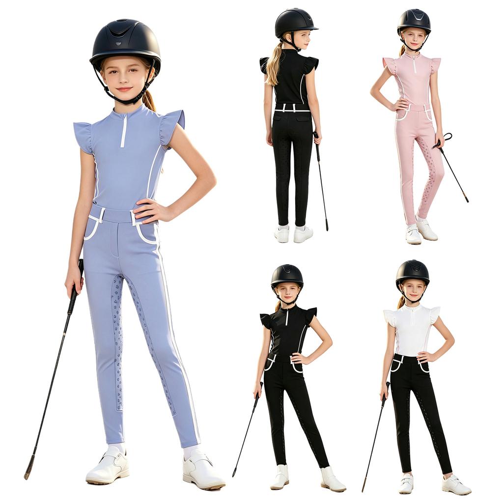 Kids Girls Equestrian Training Set Zip Stand Collar Ruffled Sleeve Contrast Trim Top and Non-slip Full Seat Riding Pants for Competition