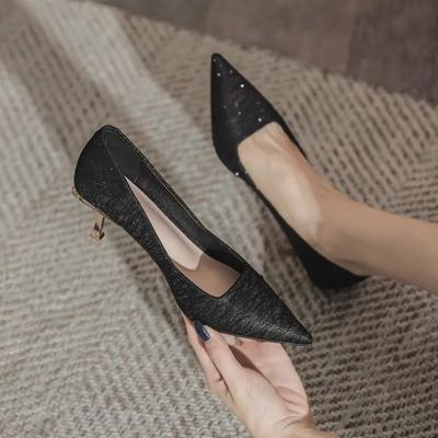 Fashion Women New Mid Heeled Sequin High-heeled Shoes Black Pointed Head Fashion High Heeled Shoes Womens Shoes Tacones Mujer Pupms
