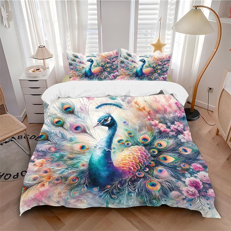 3pcs Colorful Peacock with Feathers Spread Amidst Flowers and Nature's Beauty Pattern Bedding Three-Piece Set (1 Cover + 2 Pillowcases, No Fillings)