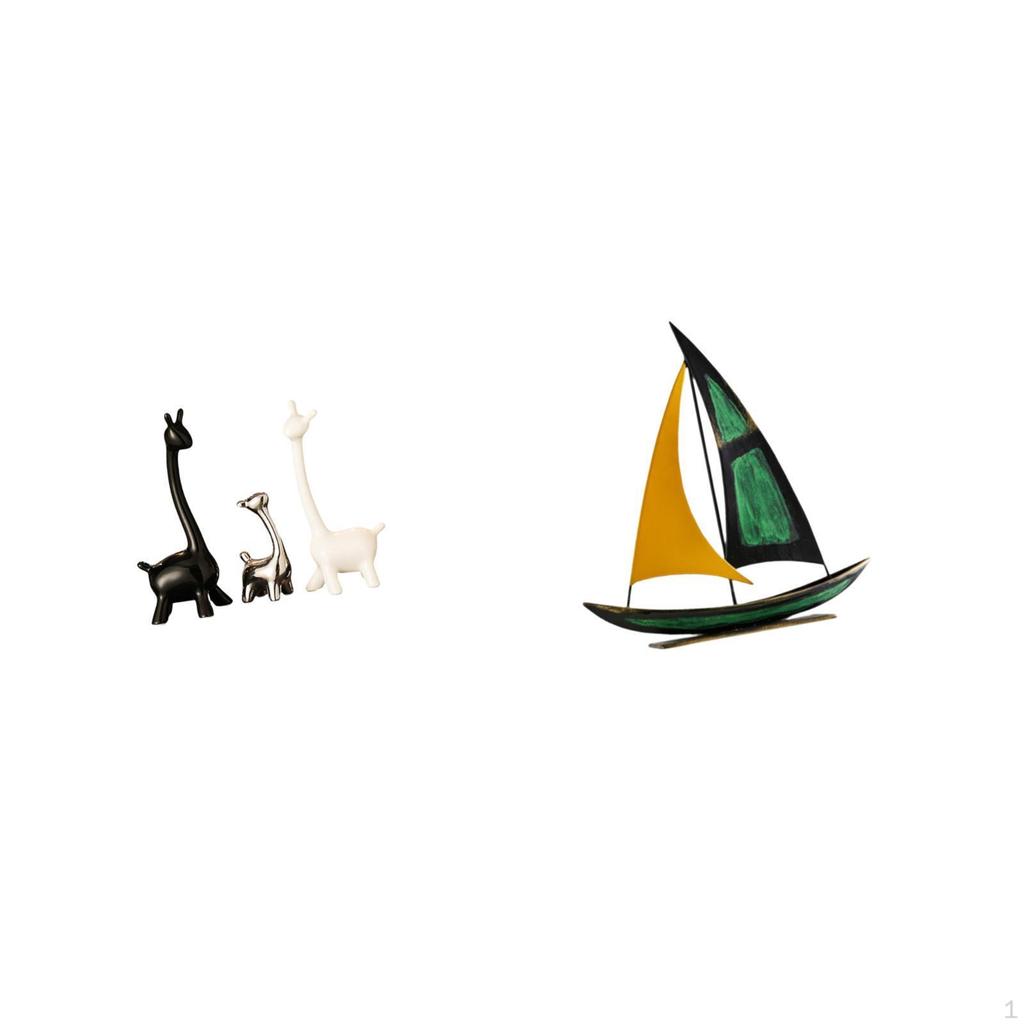 Modern Creative Giraffe Ceramic Statue And Iron Sailboat Sculpture Tabletop Centerpiece Ornament for