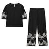 2025 European & American Women's Casual Linen-Blend Embroidered Top & Wide-Leg Pants Set