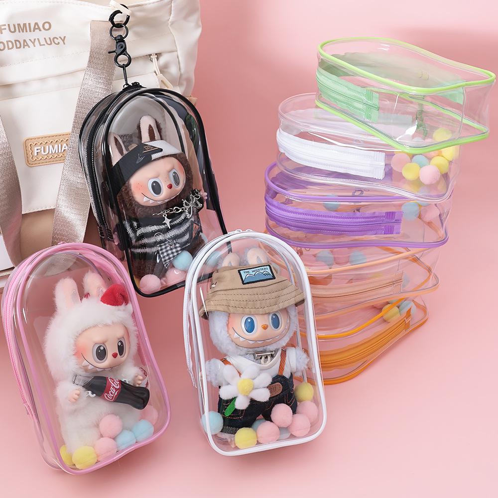 Clear PVC Zipper Doll Storage Bag - 19cm, Cartoon Dust Cover with Portable Hanging Buckle