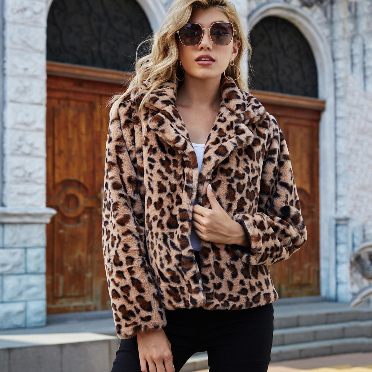 

3 Осенне-зимний плюшевый костюм с воротником из искусственного меха с леопардовым принтом, женская шерстяная пушистая куртка с длинными рукавами XXXL цветной печати леопарда